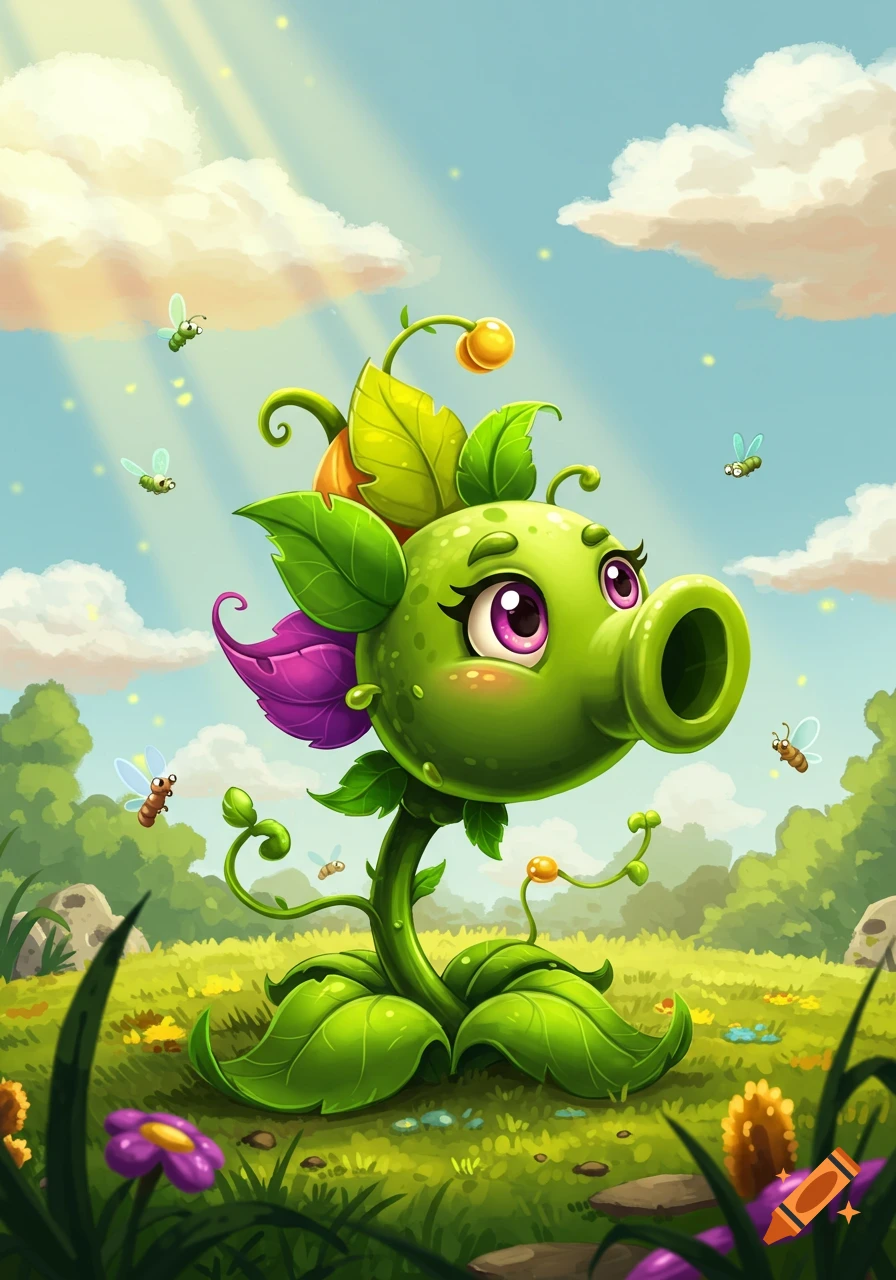 A cute, green cartoon peashooter plant with big pink eyes, standing in a sunny field with flying insects. Plants vs. Zombies style.
