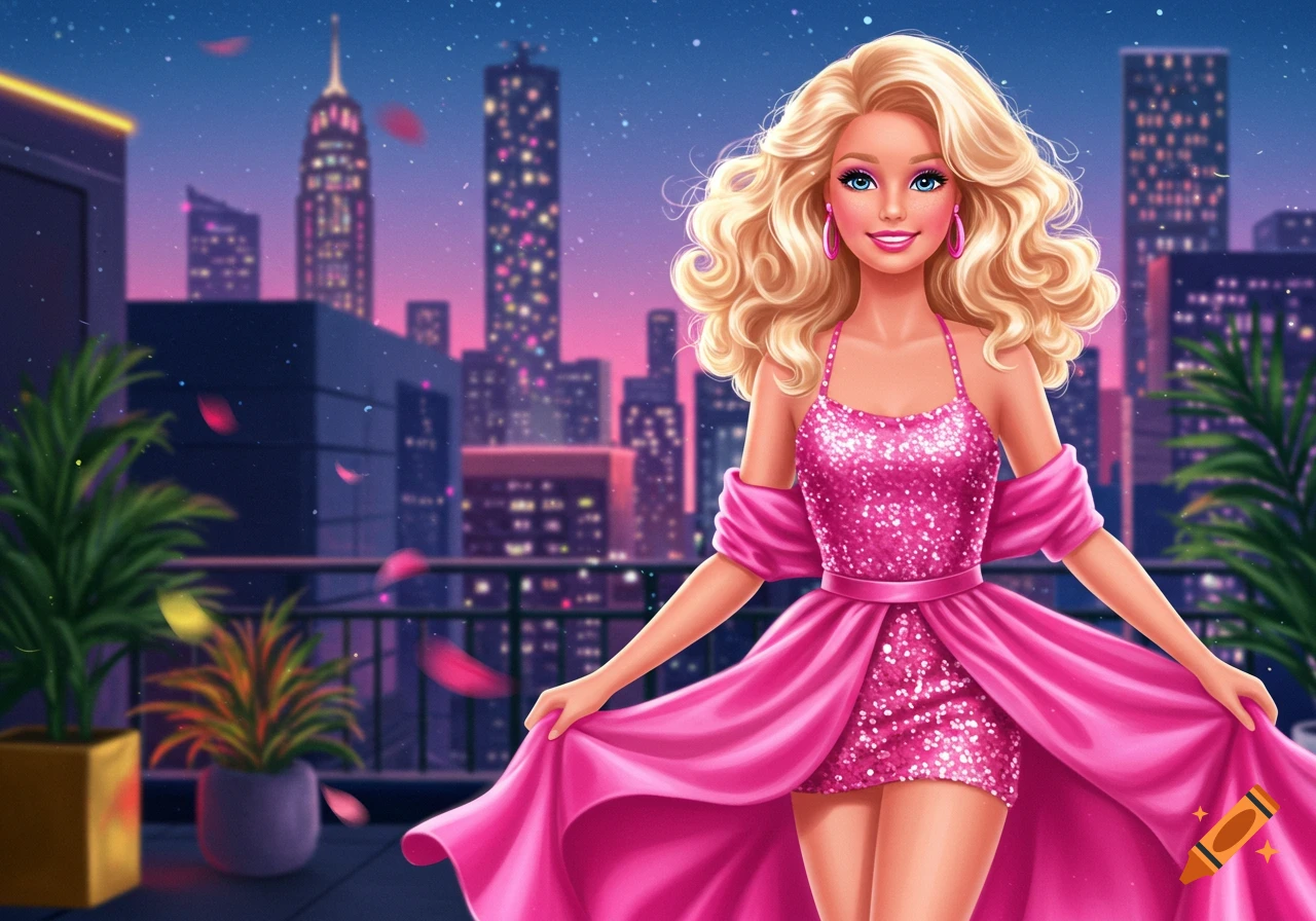 A smiling Barbie doll in a sparkling pink dress with a flowing train stands on a rooftop overlooking a city skyline at night with falling petals.