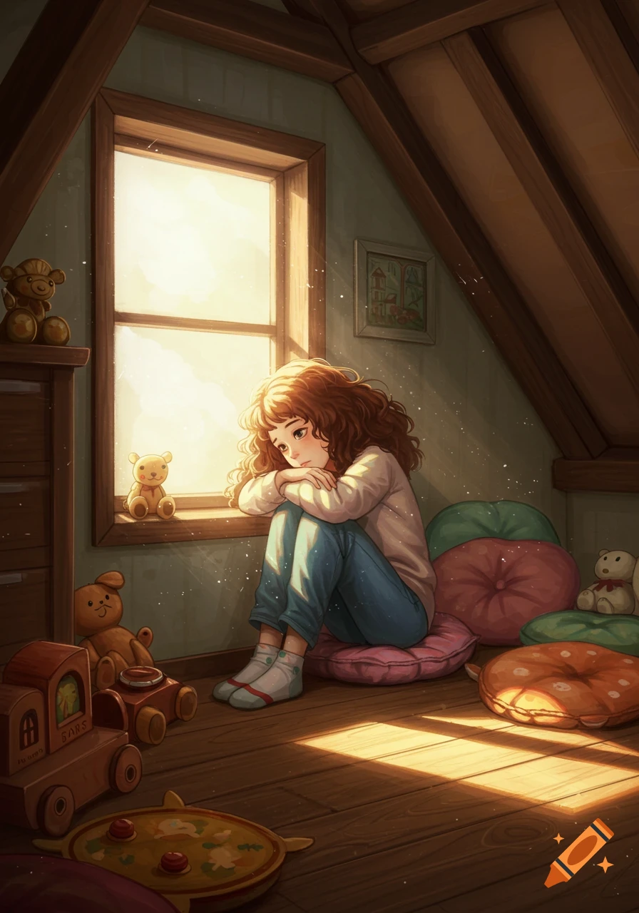 Illustration of a sad curly-haired girl sitting on a cushion by a sunlit window in a cozy attic room with wooden toys.