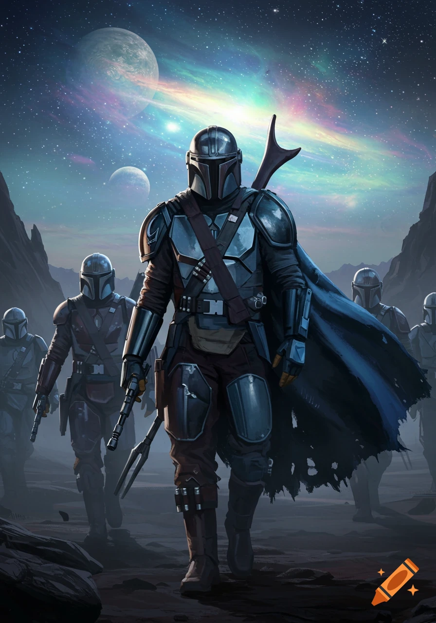 A group of armored Mandalorians, led by Din Djarin, walk across an alien planet under a vibrant nebula and multiple moons.