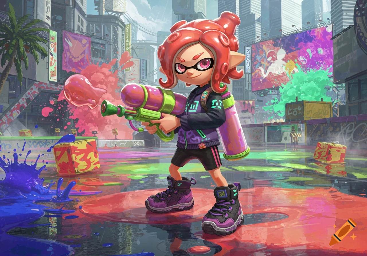 A vibrant Octoling character from Splatoon holds an ink gun in a colorful, paint-splattered urban setting.