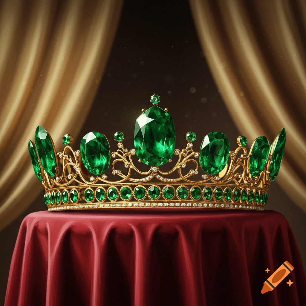 A detailed gold crown adorned with large green emeralds and small diamonds rests on a red draped table against golden curtains.