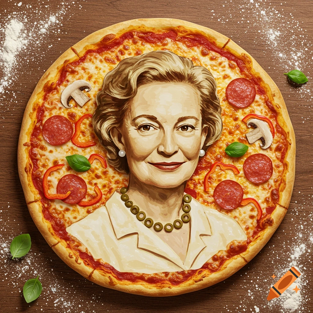 Illustrated pizza portrait of Mamie Eisenhower with pepperoni, mushrooms, and olive necklace on a wooden table.