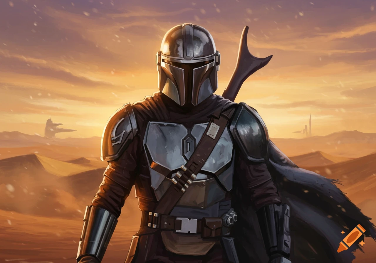 A Mandalorian warrior in full armor stands in a dusty desert with sci-fi structures under a vibrant sunset sky.