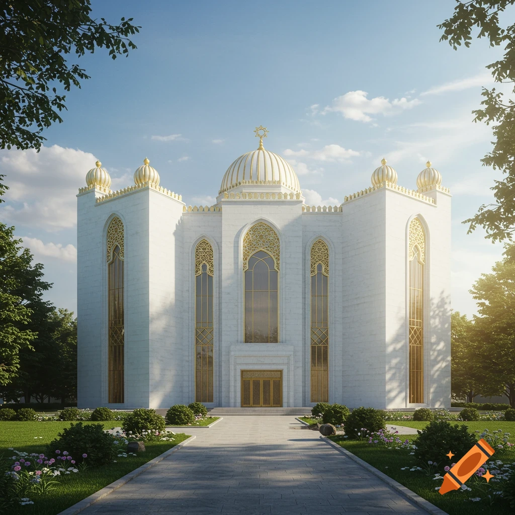 A grand white building with golden domes and intricate window patterns, set in a sunny garden with a paved path.