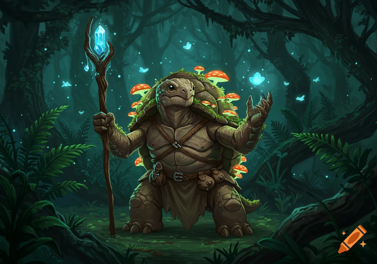 A wise-looking tortle druid, adorned with moss and mushrooms, holds a glowing crystal staff in a magical dark forest with blue butterflies.