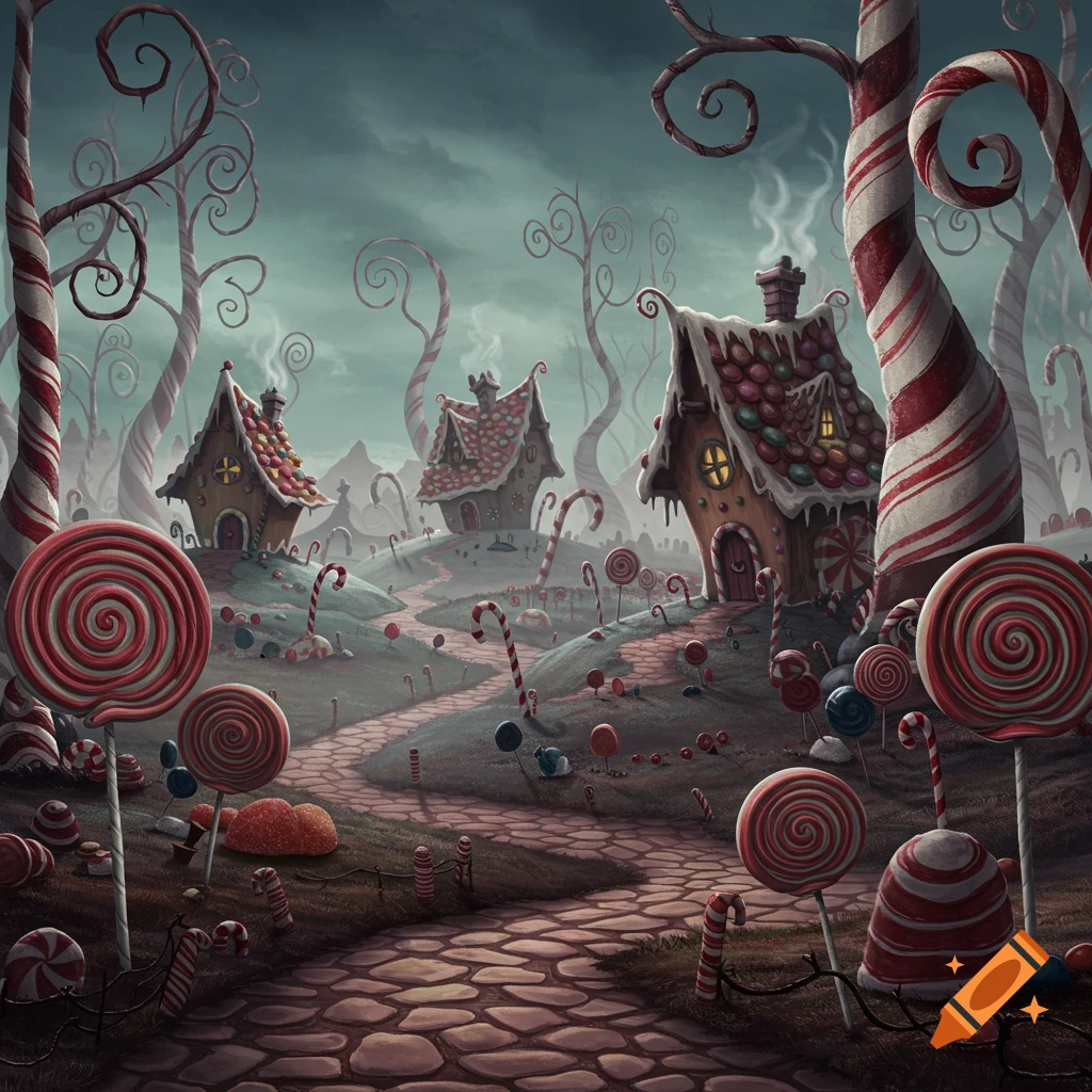 A whimsical, dark fantasy landscape in Tim Burton style, featuring a path winding through candy cane trees and gingerbread houses covered in sweets under a gloomy sky.