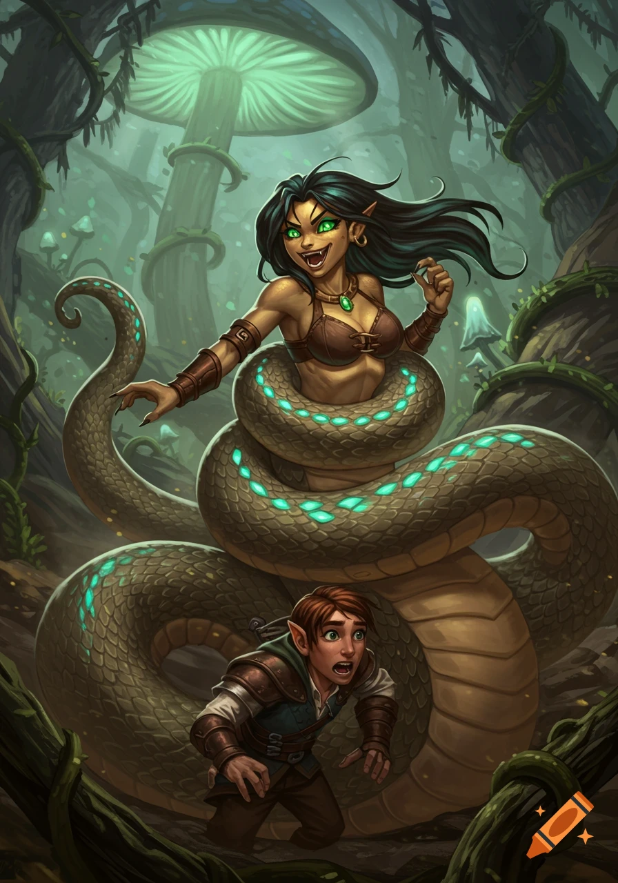 A cartoon female naga with green eyes and a glowing snake body menacingly hovers over a scared male elf in a magical mushroom forest.