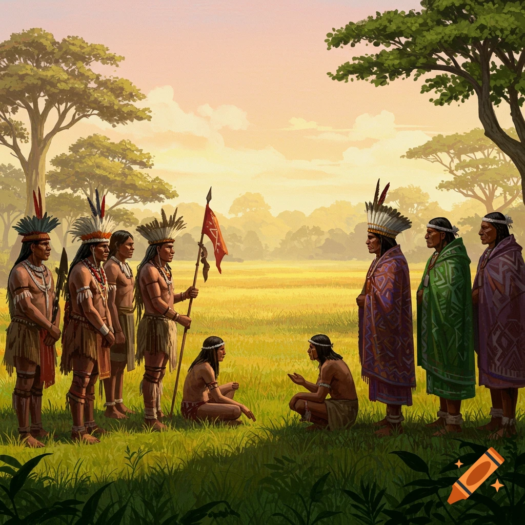 Detailed illustration of indigenous people in traditional attire gathered in a grassy field at sunset, with trees in the background.
