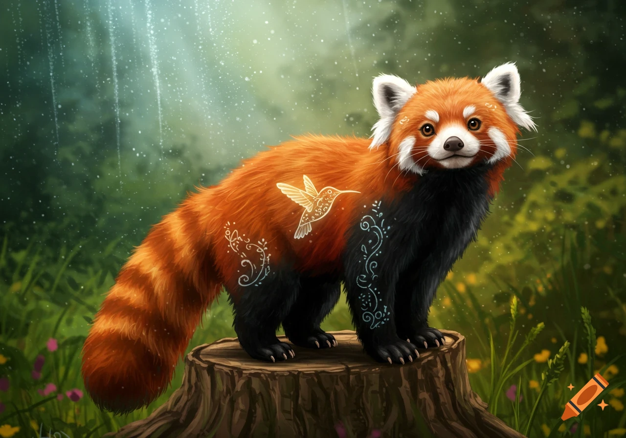 A stylized red panda with glowing patterns and a hummingbird design stands on a tree stump in a mystical forest, digital art.