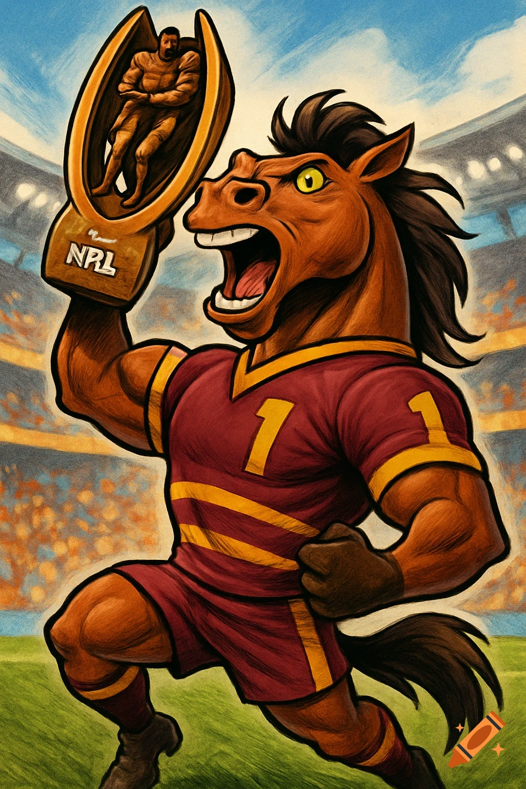 Triumphant cartoon bronco mascot in a rugby jersey holding an NRL trophy in a stadium.