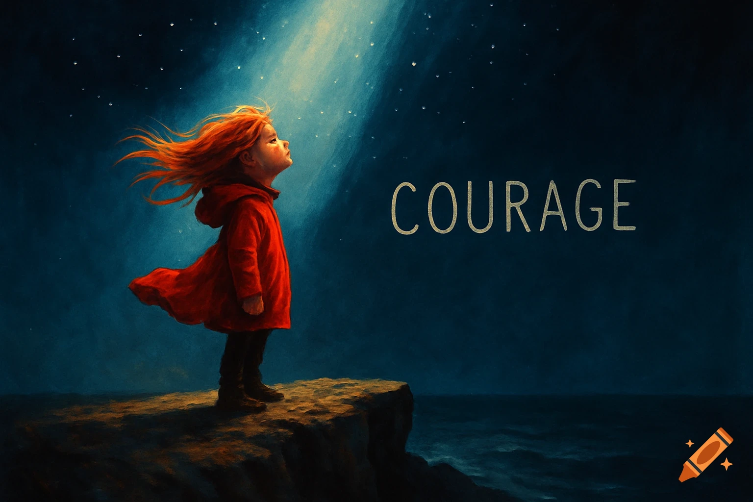 An artistic painting of a child in a red coat standing on a cliff, hair blowing, looking up at a light beam from a starry sky with the word 'COUAGE'.