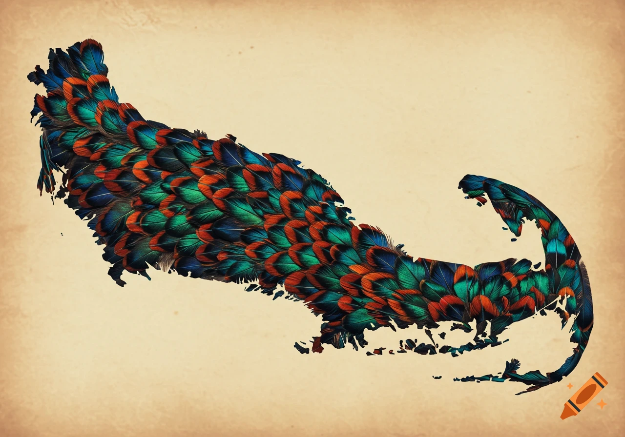 Outline of Cape Cod made from vibrant blue, green, and orange rooster feathers on a textured beige background.