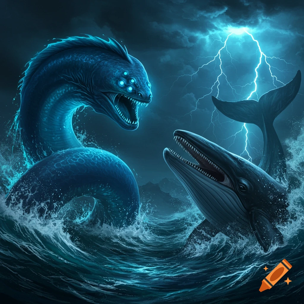 A monstrous blue eel with multiple glowing eyes confronts a monstrous whale with an open mouth and sharp teeth in a stormy, lightning-lit dark blue ocean.