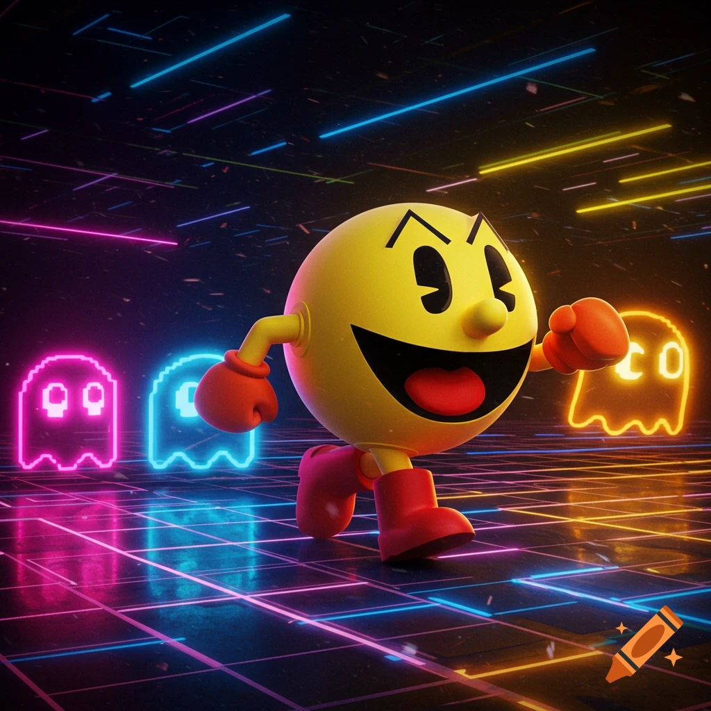 A 3D rendering of Pac-Man running in a dark, neon-lit retro arcade grid with glowing pixel art ghosts behind him.