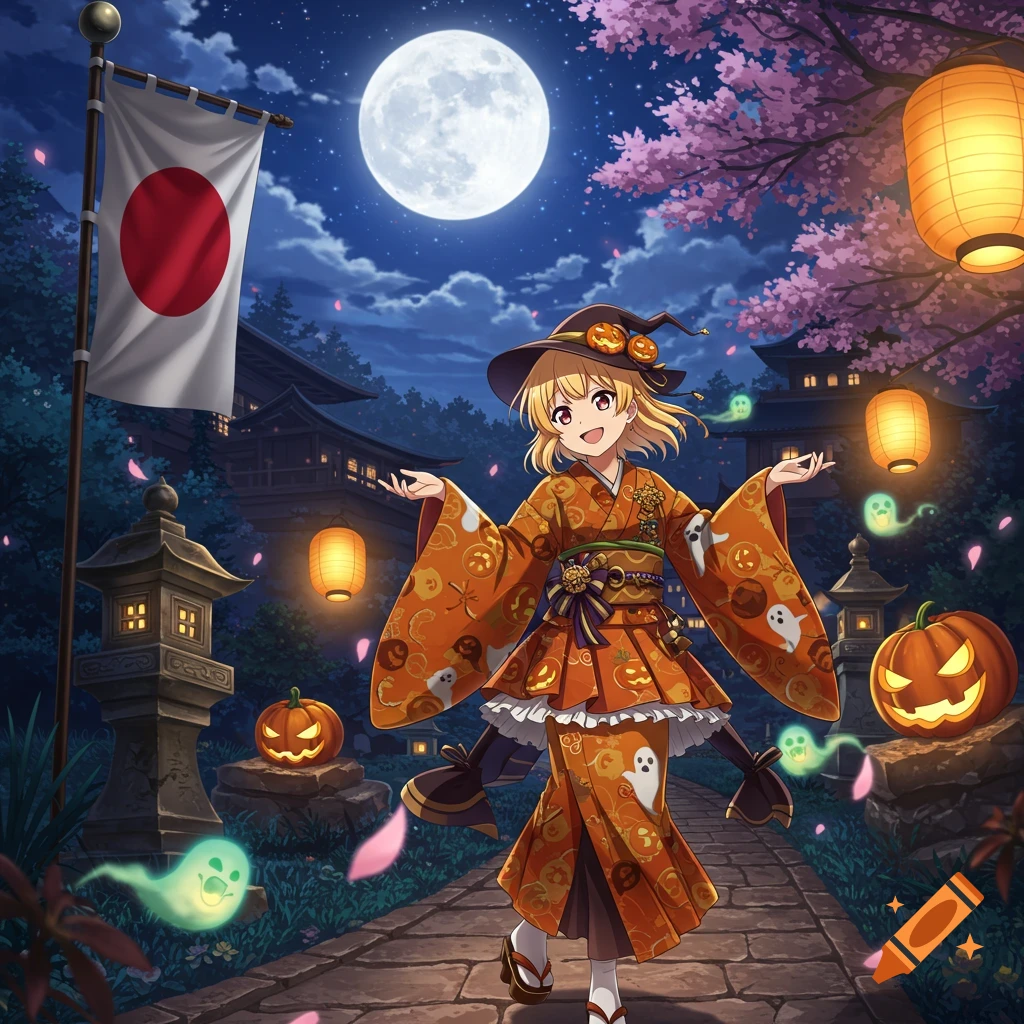 A blonde anime girl in an orange Halloween-themed kimono and witch hat walks down a path at night with a full moon, Japanese flag, pumpkins, and glowing ghosts.