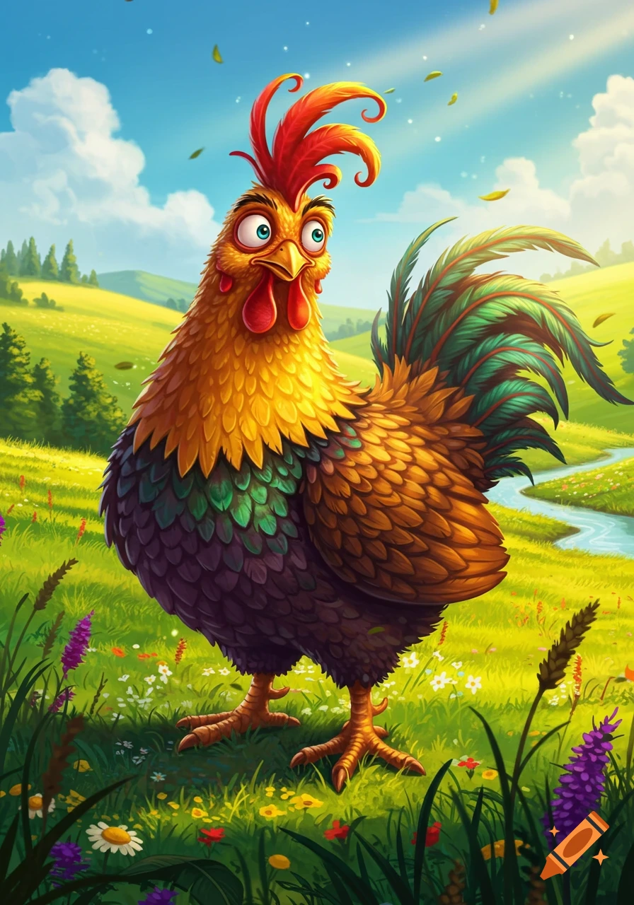 A cartoonish rooster with a red comb and colorful feathers stands in a bright green field with wildflowers and a stream under a blue sky.