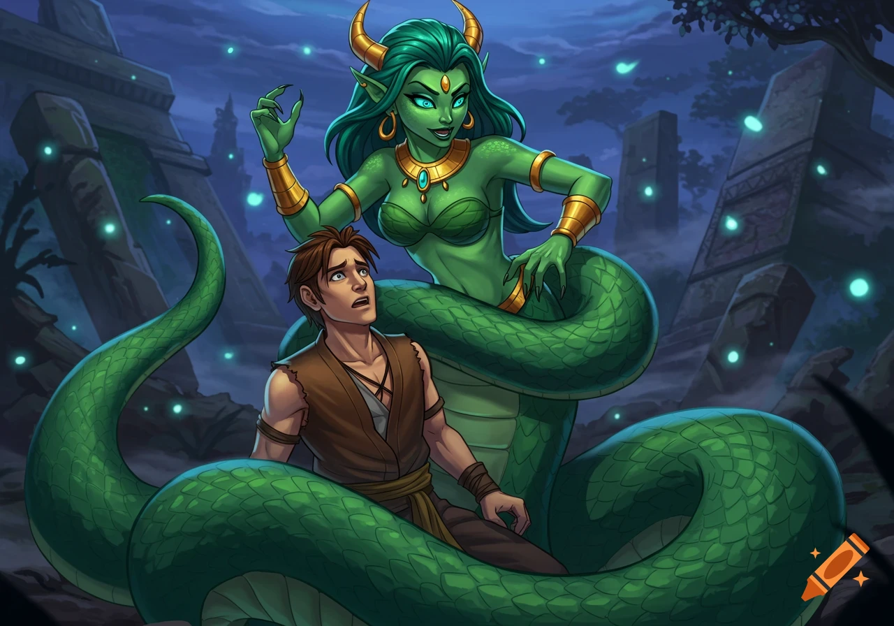 A green-skinned naga with horns captures a startled man in a mysterious fantasy jungle at night.