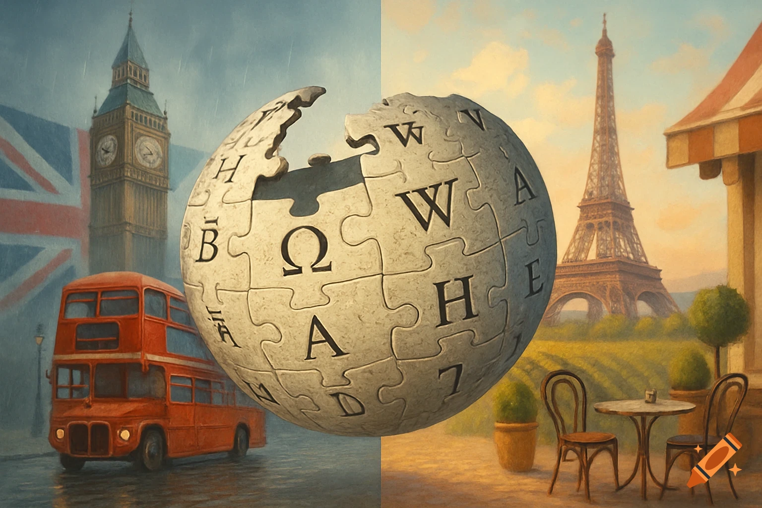 Painterly image of a Wikipedia globe dividing rainy London (Big Ben, red bus) and sunny Paris (Eiffel Tower, cafe).
