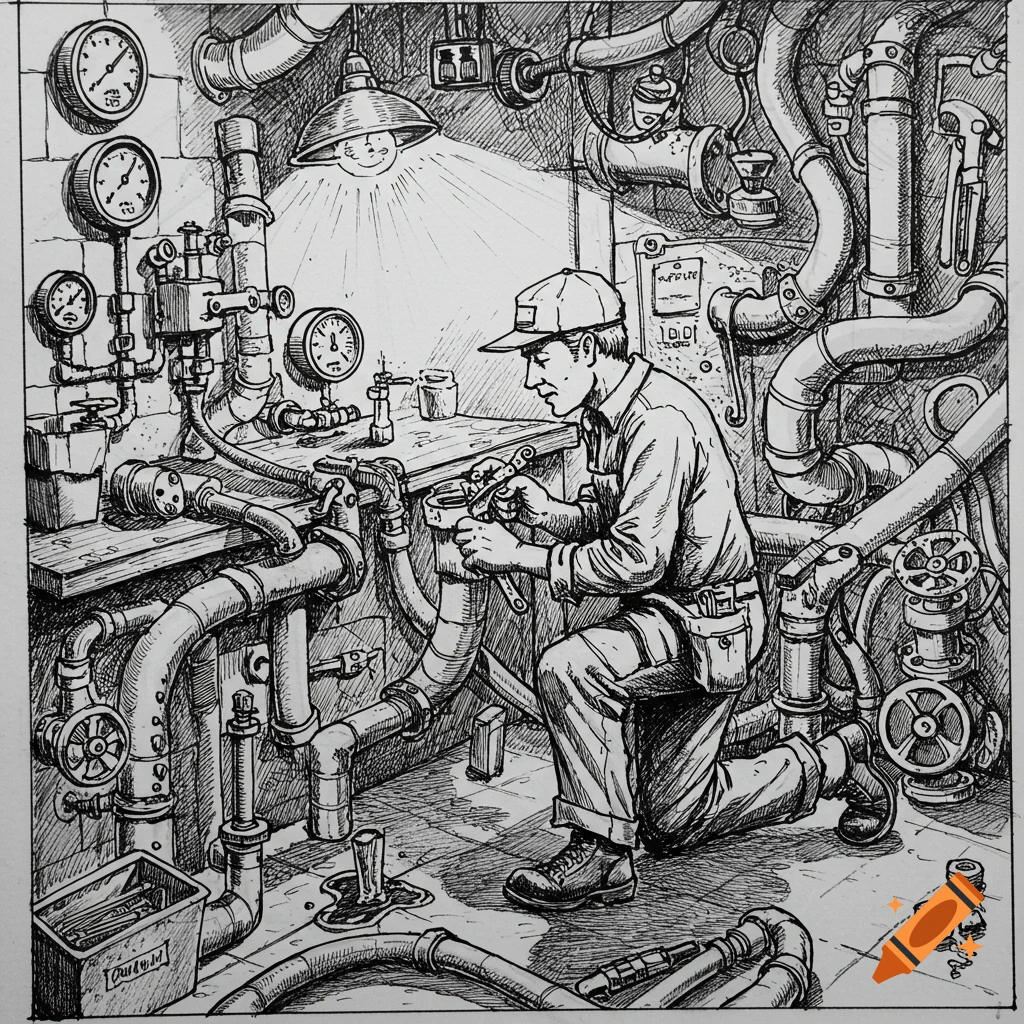 A black and white sketch depicts a plumber kneeling, working on a complex system of pipes and gauges in a dimly lit room.
