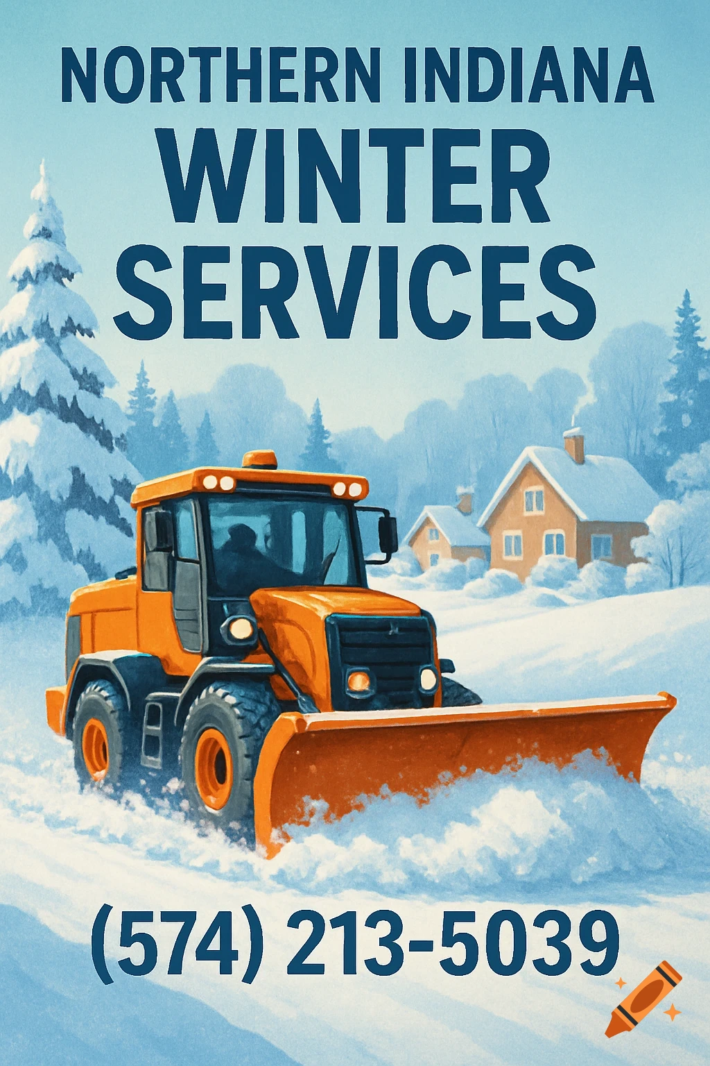 An orange snowplow clears snow in a winter landscape with houses, advertising 'Northern Indiana Winter Services'.