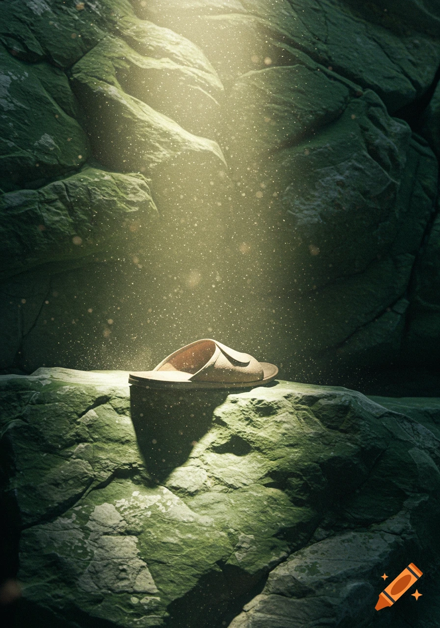 A single slipper rests on a mossy, jagged rock formation, illuminated by a strong, ethereal beam of light with dust motes.