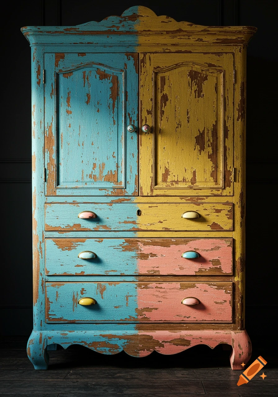 A brightly colored, distressed shabby chic wooden cabinet with chipped blue, yellow, and pink paint against a dark background.