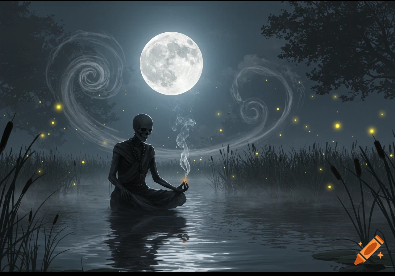 An eerie skeleton meditates in a misty pond under a bright full moon, surrounded by glowing fireflies and dark reeds.