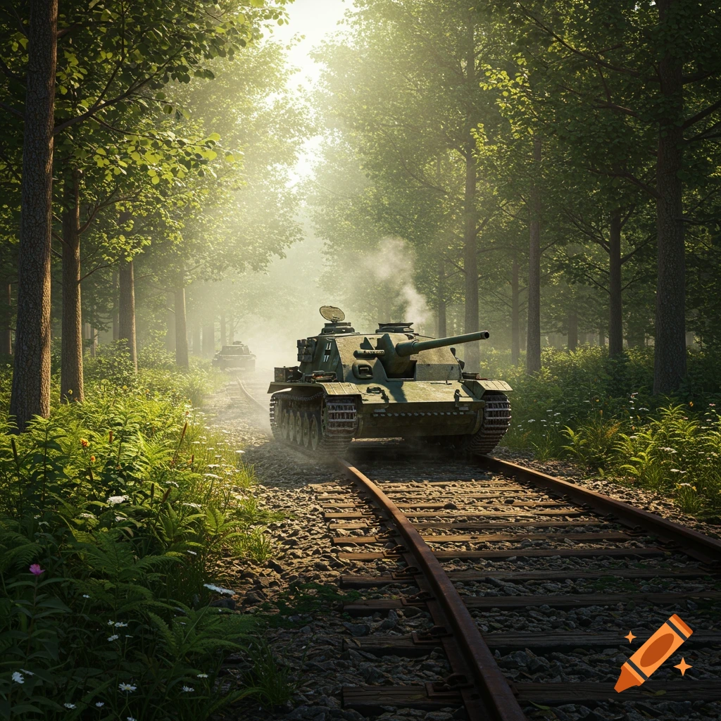 A Sturmgeschütz III tank drives down a railway track through a sun-dappled forest, with another tank in the misty background.