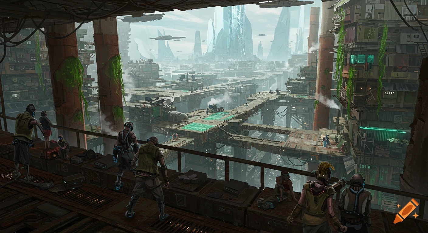 A detailed panoramic art print showing a dilapidated, multi-layered sci-fi cityscape with people on an observation deck overlooking ramshackle buildings and distant gleaming spires.