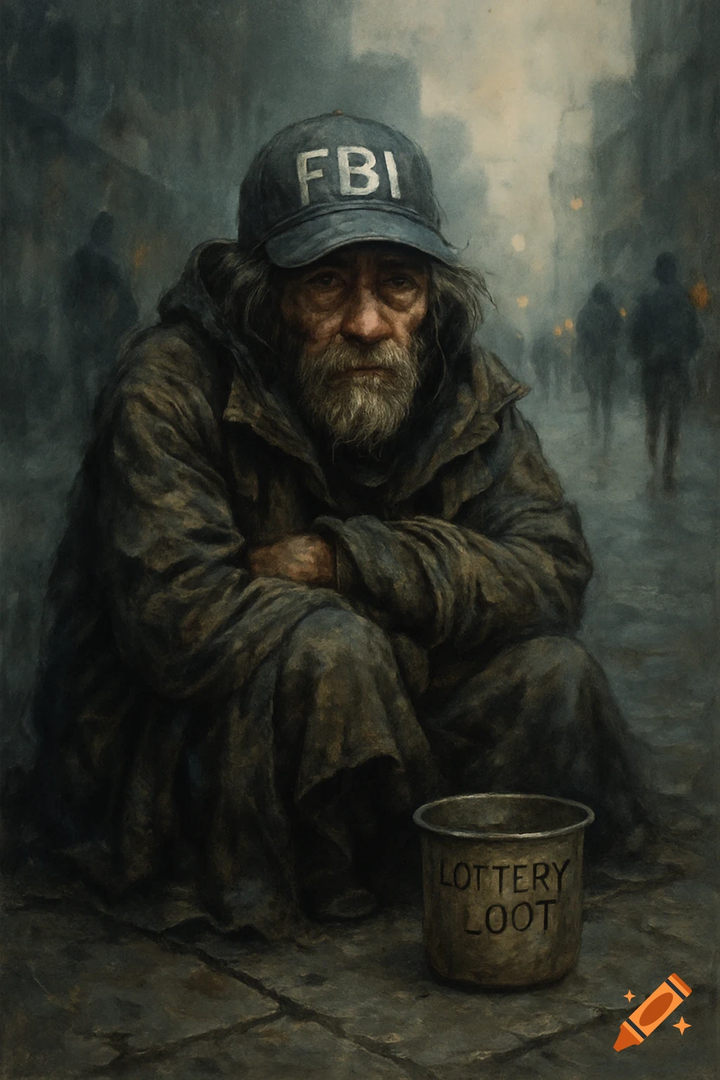 A disheveled, bearded homeless man wearing an FBI cap sits on a dark street, holding a cup labeled 'LOTTERY LOOT'.