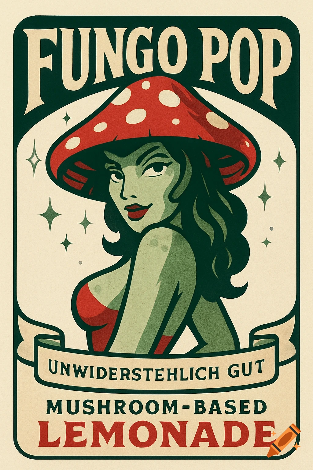 Retro illustrated label for Fungo Pop mushroom-based lemonade, featuring a smiling pin-up mushroom-woman with a red cap.