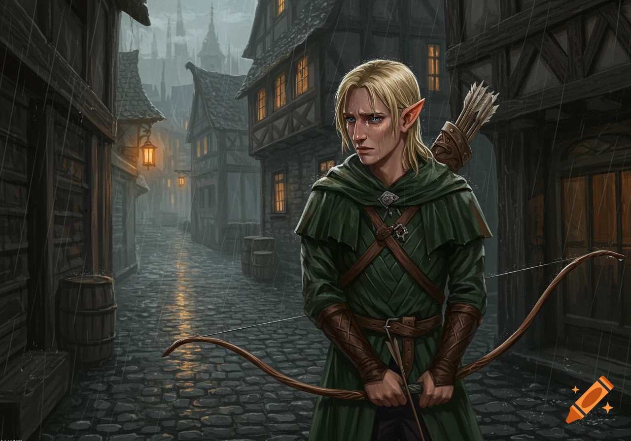 A sad blonde elven man with a bow in a rainy, dark medieval village, fantasy art.