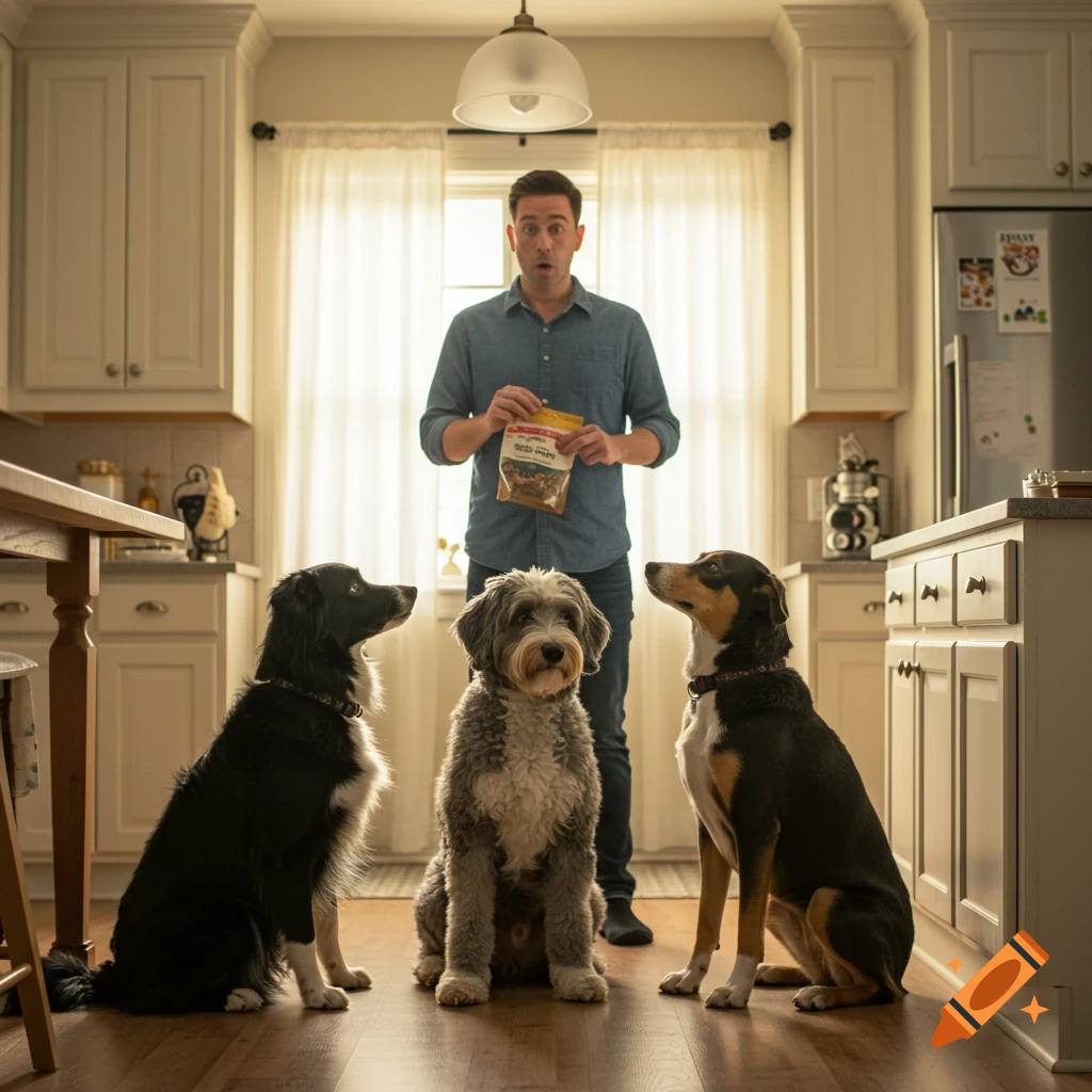 A man stands in a kitchen, holding a bag of food, while three dogs sit on the floor looking up at him expectantly.