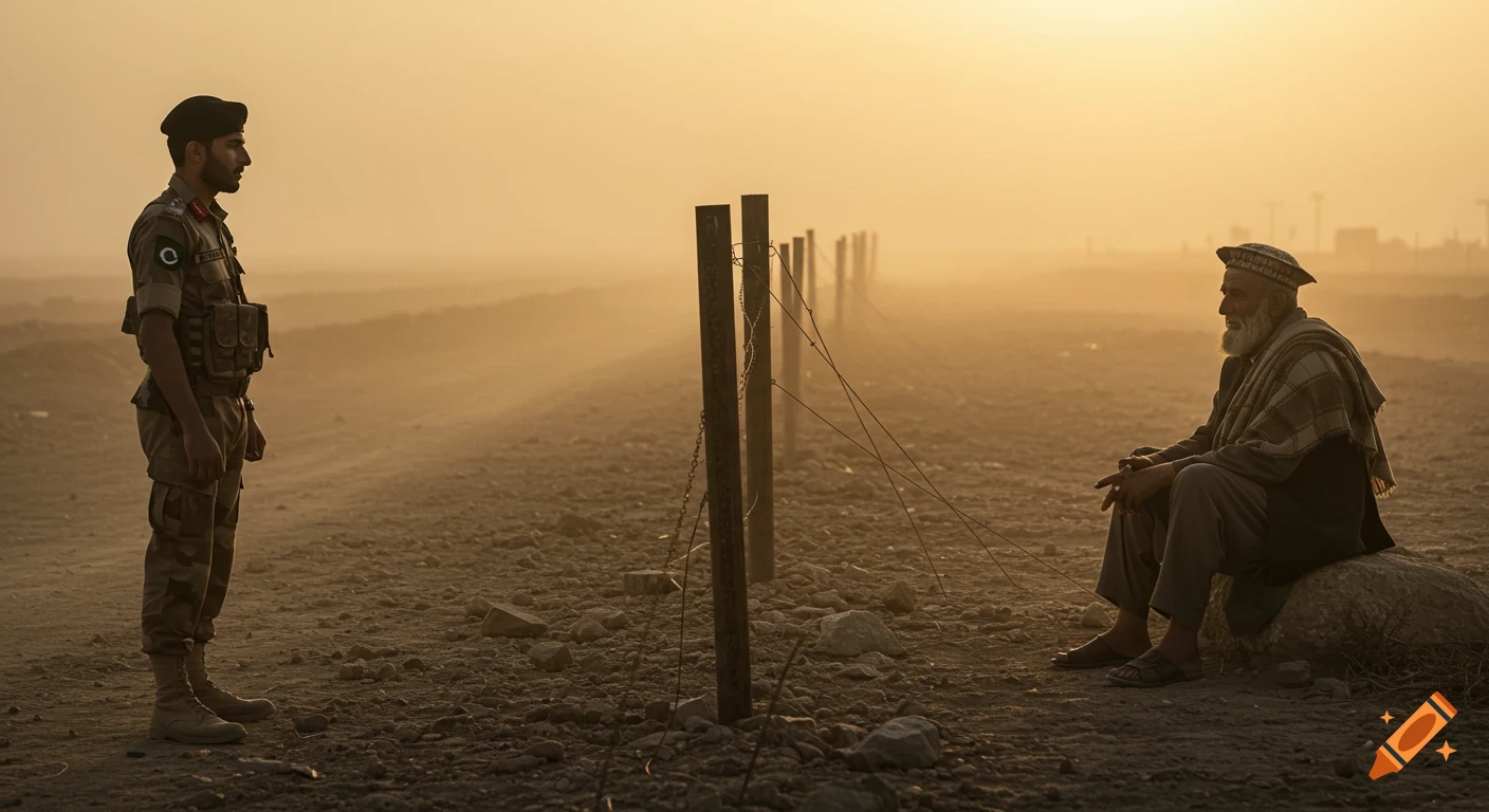 A photorealistic, cinematic shot of a young soldier and an elderly man sitting by a simple fence in a dusty landscape at dawn, with a golden light.