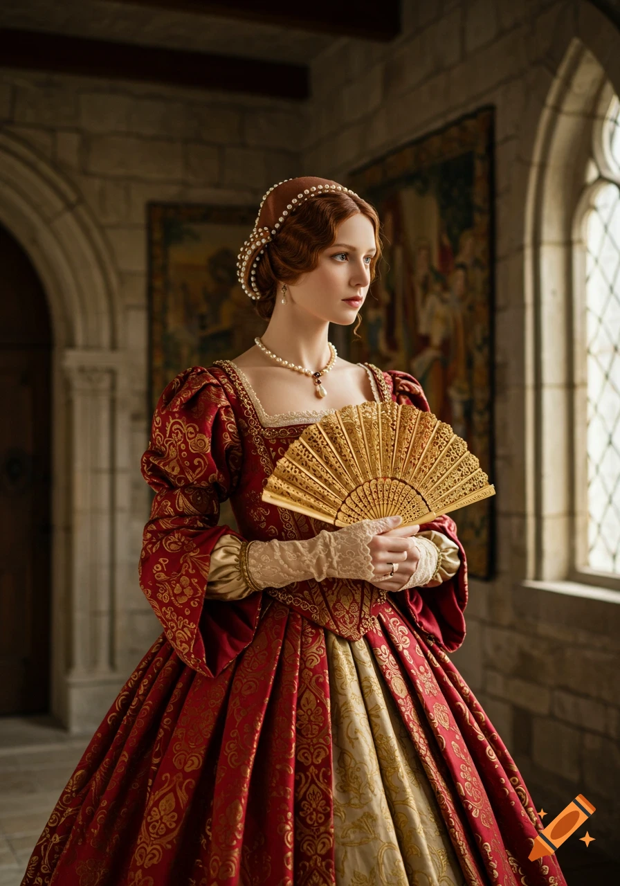 A woman in a red and gold ornate historical gown holds a golden fan in a stone castle room, photorealistic.