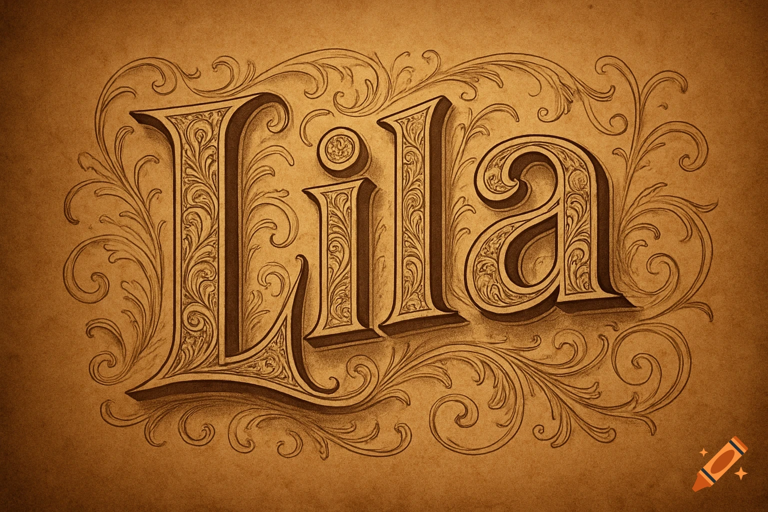 The word 'Lila' in ornate, vintage 3D typography with intricate scrollwork on a textured sepia background.