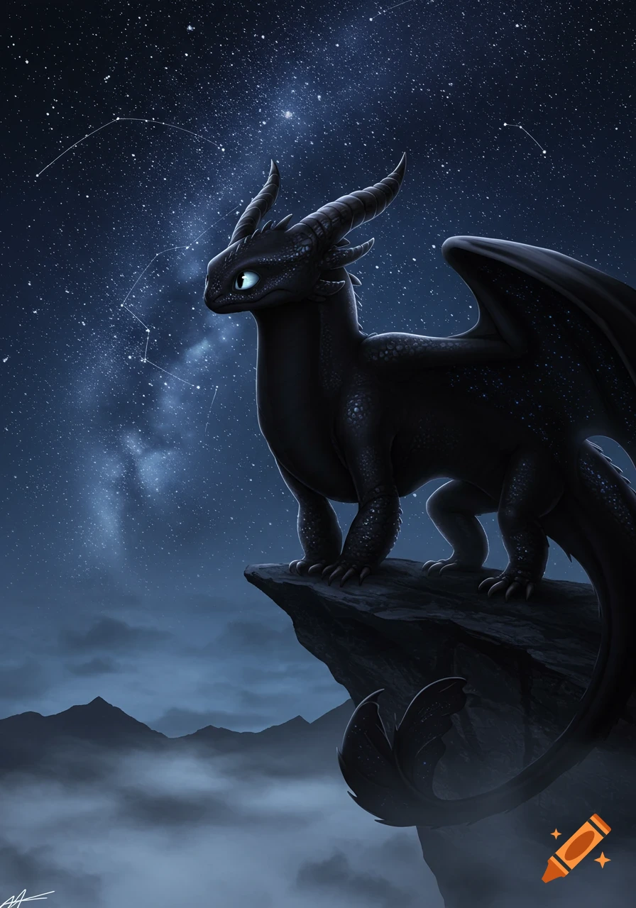 A black Night Fury dragon with bright blue eyes stands on a cliff under a starry night sky with misty mountains, digital art.