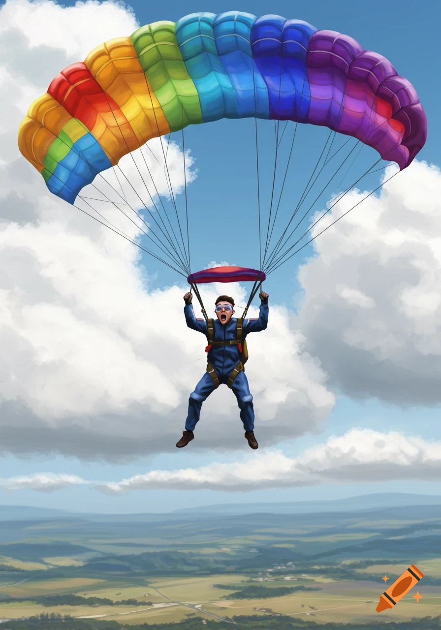 A person in a blue jumpsuit with an open mouth parachutes with a large rainbow canopy over a landscape of fields and clouds.