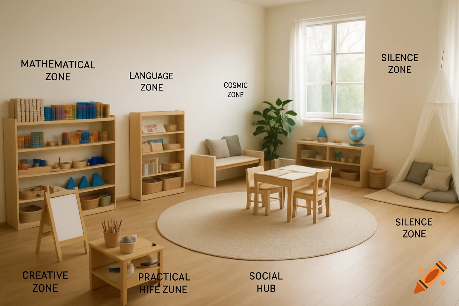 A bright Montessori classroom with various labeled zones including mathematical, language, cosmic, creative, practical, silence, and social areas.