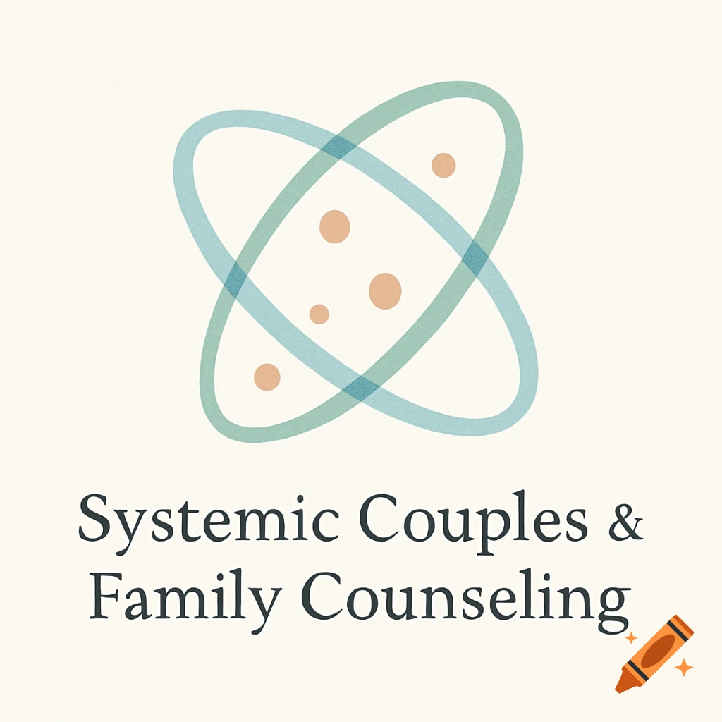 A logo with two overlapping blue and green ellipses and orange dots, above text 'Systemic Couples & Family Counseling'.