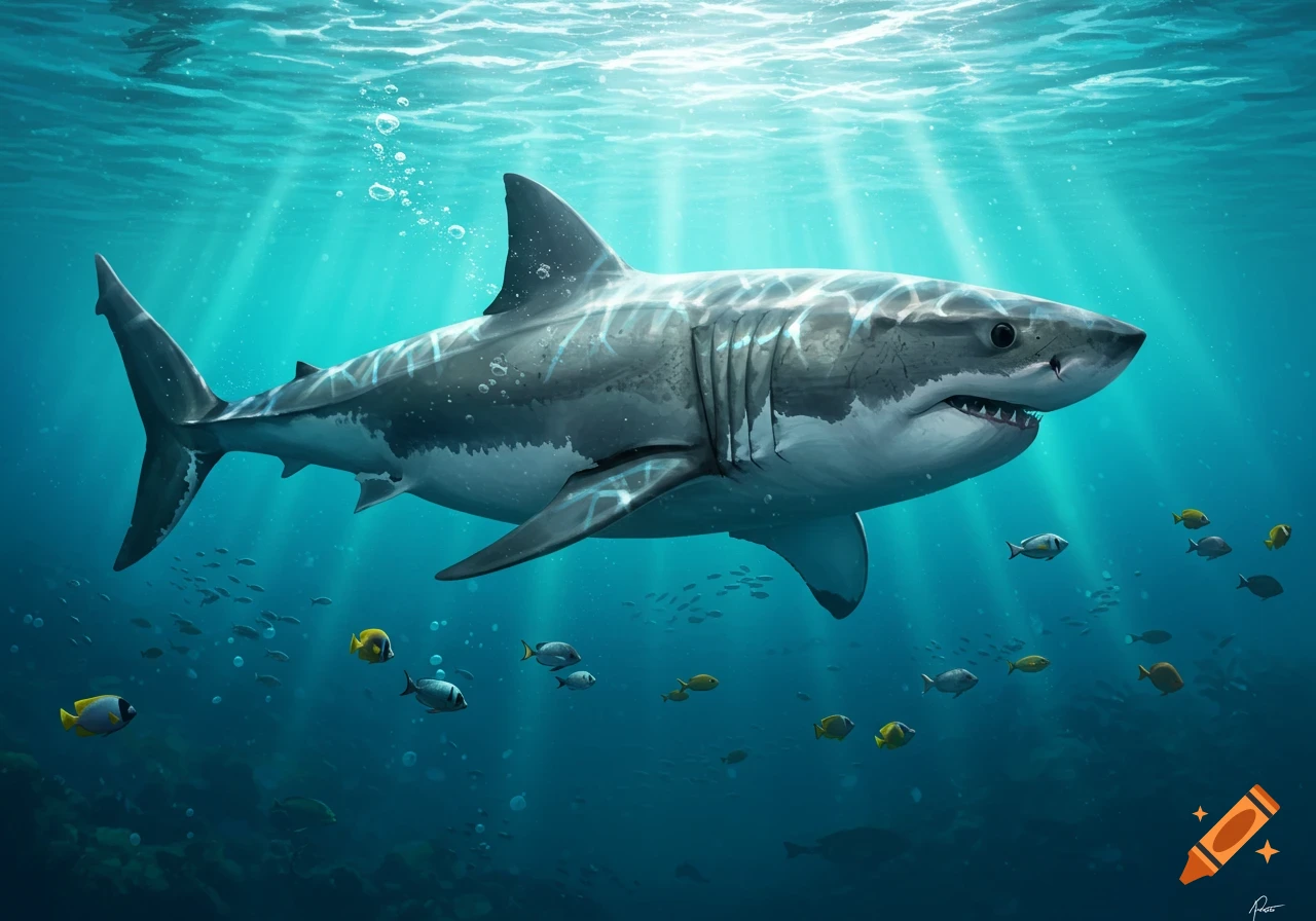A majestic great white shark swims underwater, illuminated by sun rays filtering through the clear blue ocean.