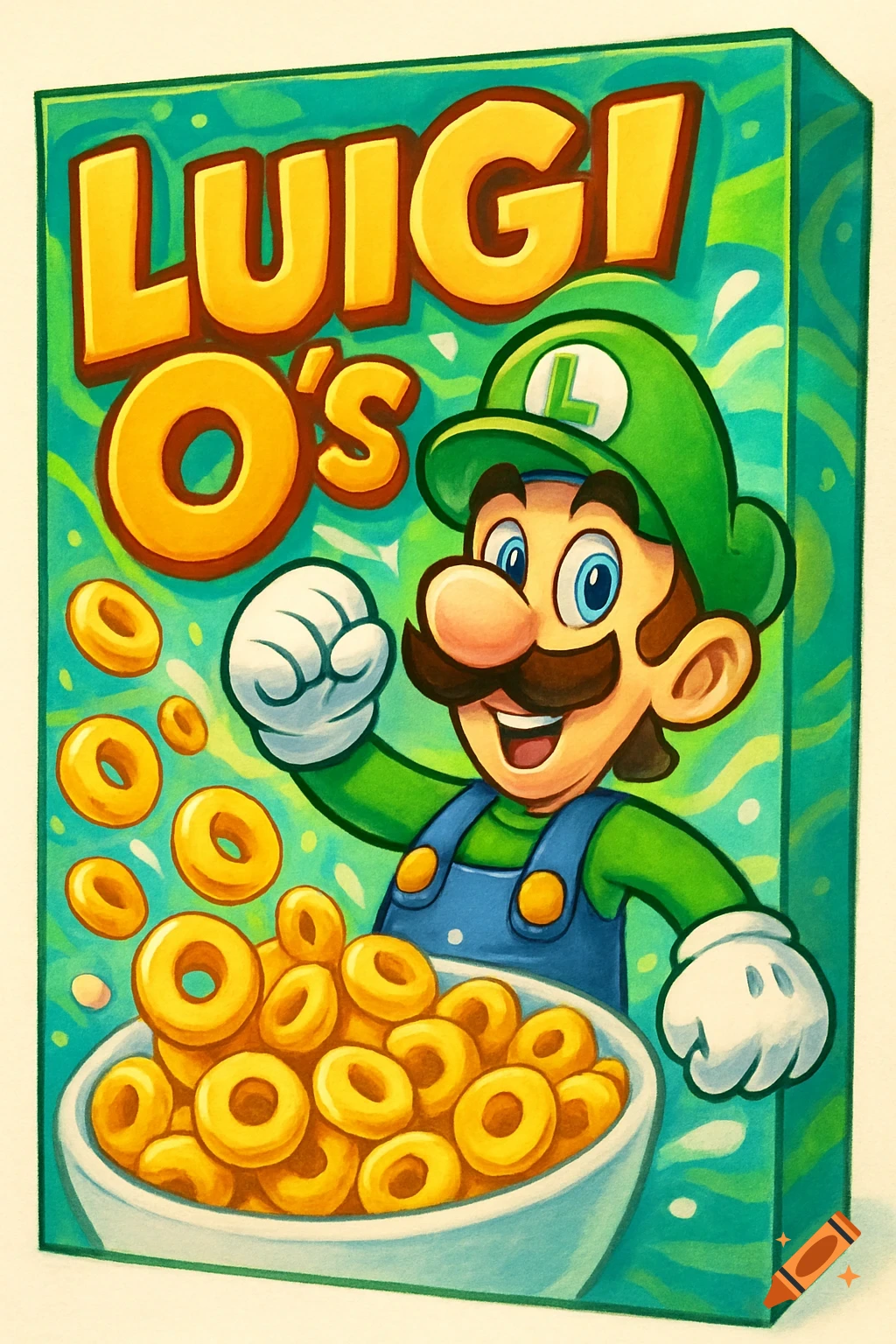 Cartoon illustration of Luigi on a green cereal box labeled 'LUIGI O's', holding a bowl of O-shaped cereal.