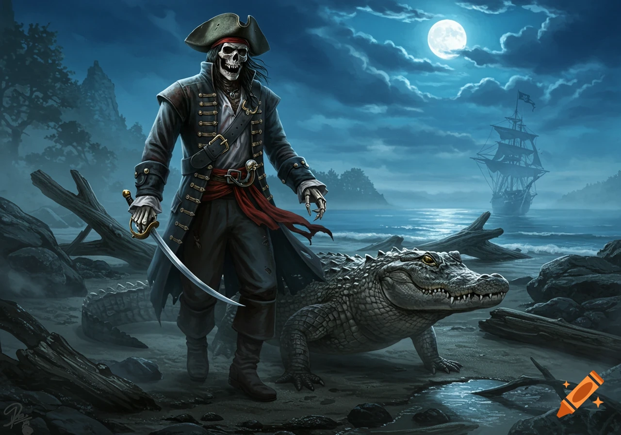 A skeleton pirate with a sword stands next to an alligator on a moonlit beach, a pirate ship in the distance, digital art.