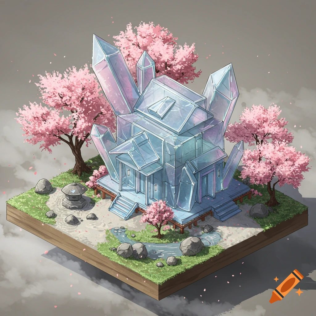Stylized isometric concept art of a crystal house amidst pink cherry blossom trees and a Japanese garden with a stone lantern.