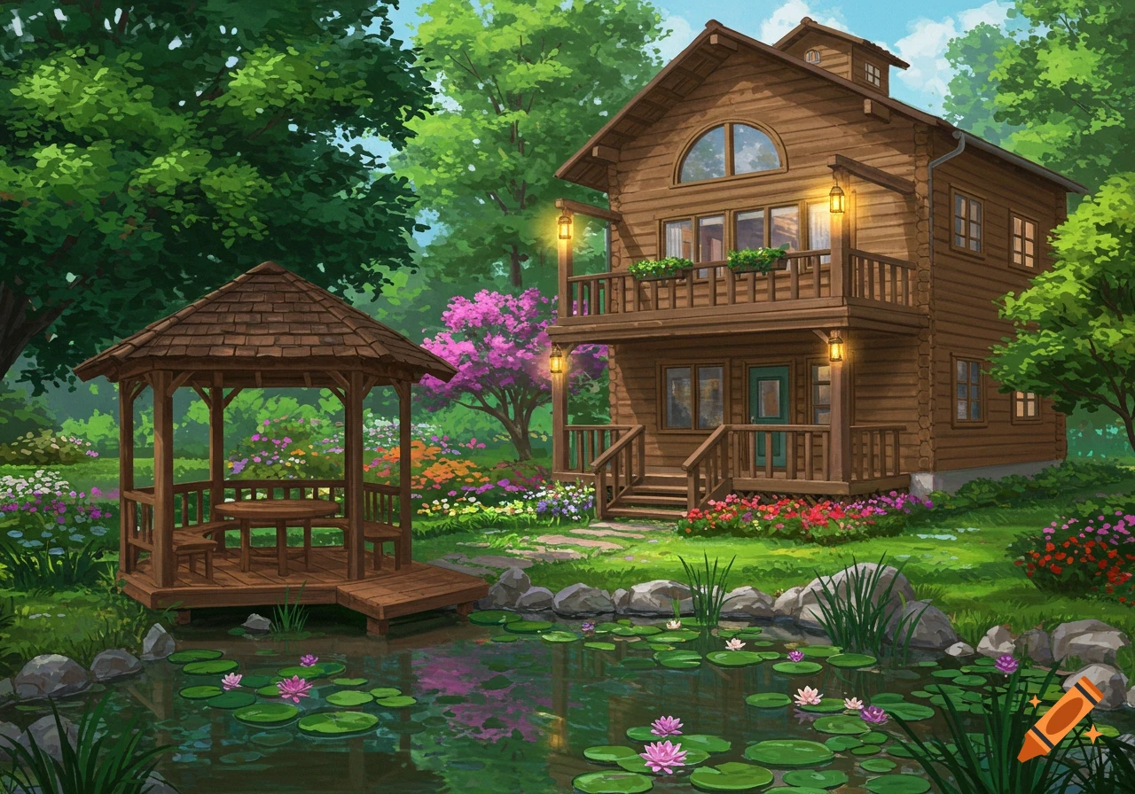 A charming wooden log cabin with a balcony and lanterns, surrounded by a vibrant green garden, a pond with lily pads, and a gazebo.