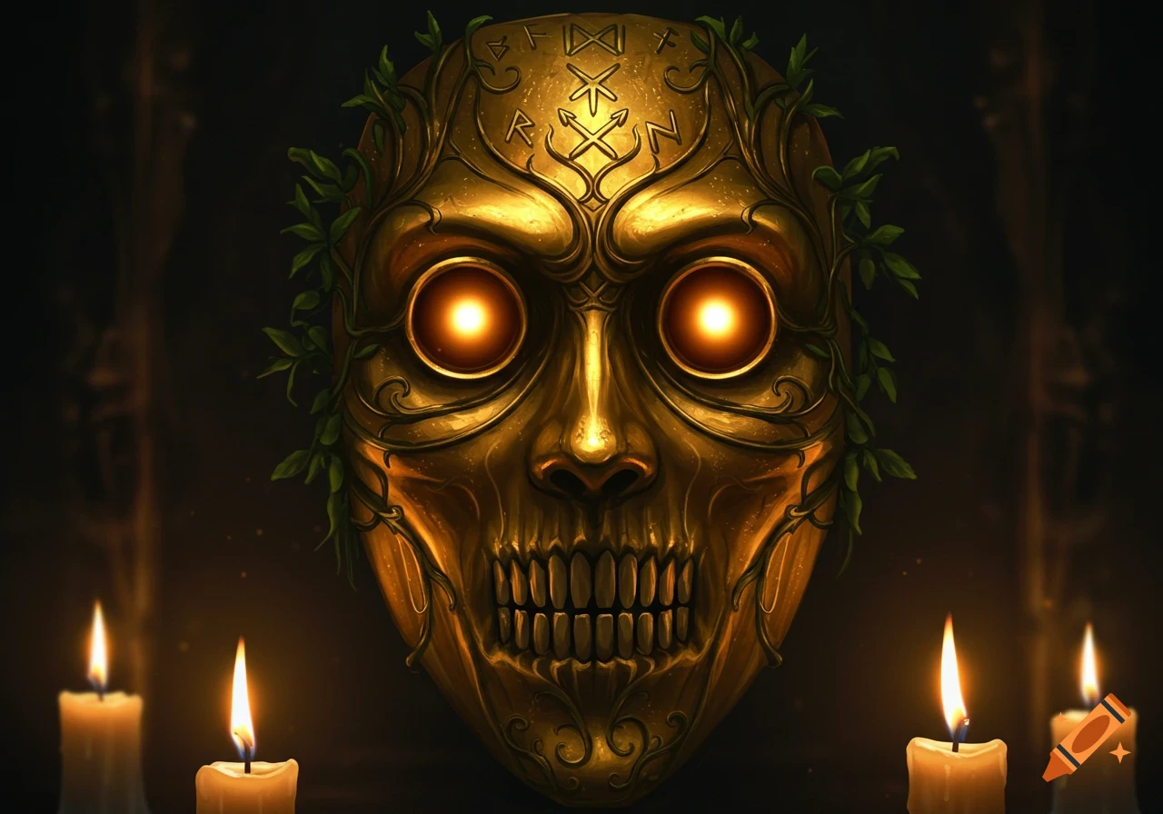 A golden occult mask with glowing eyes and leafy vines, adorned with runes and surrounded by flickering candles in a dark setting.