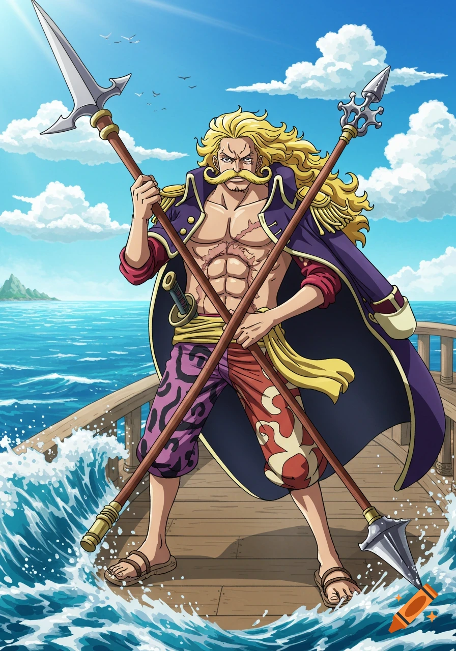 An anime character with long blonde hair and a mustache, standing on a ship deck with two spears, over a blue ocean.