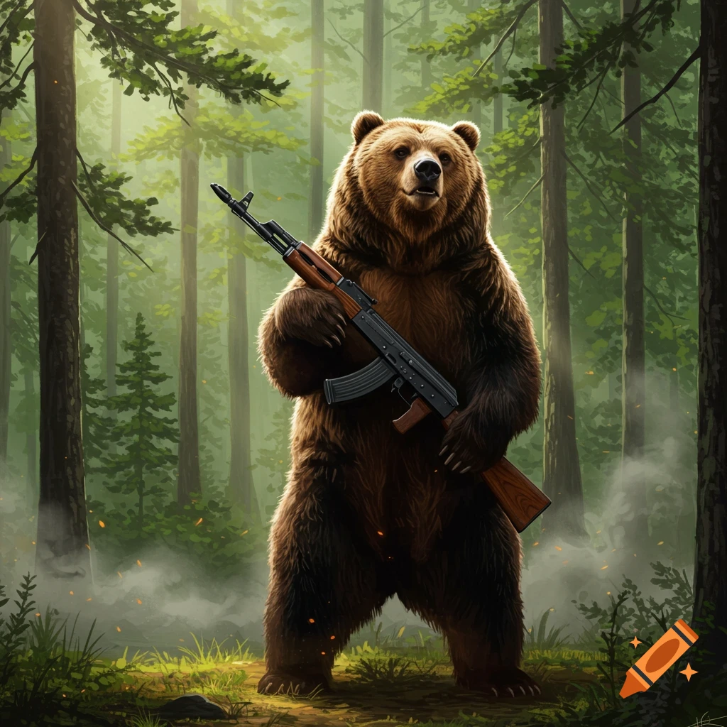 A brown bear stands upright in a lush green forest, holding an AK-47 assault rifle, in a stylized illustration.