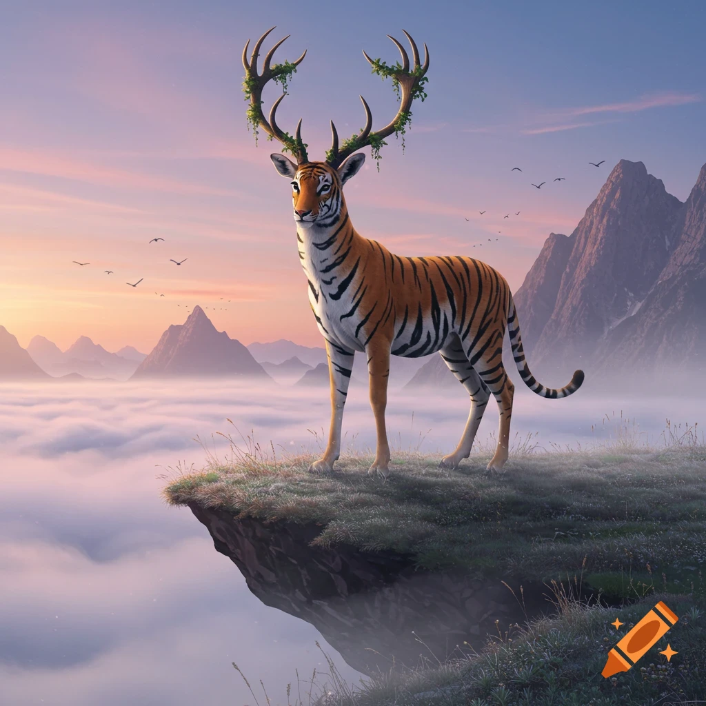 A majestic tiger-deer hybrid with leafy antlers stands on a cliff overlooking a sea of clouds and mountains at sunset.